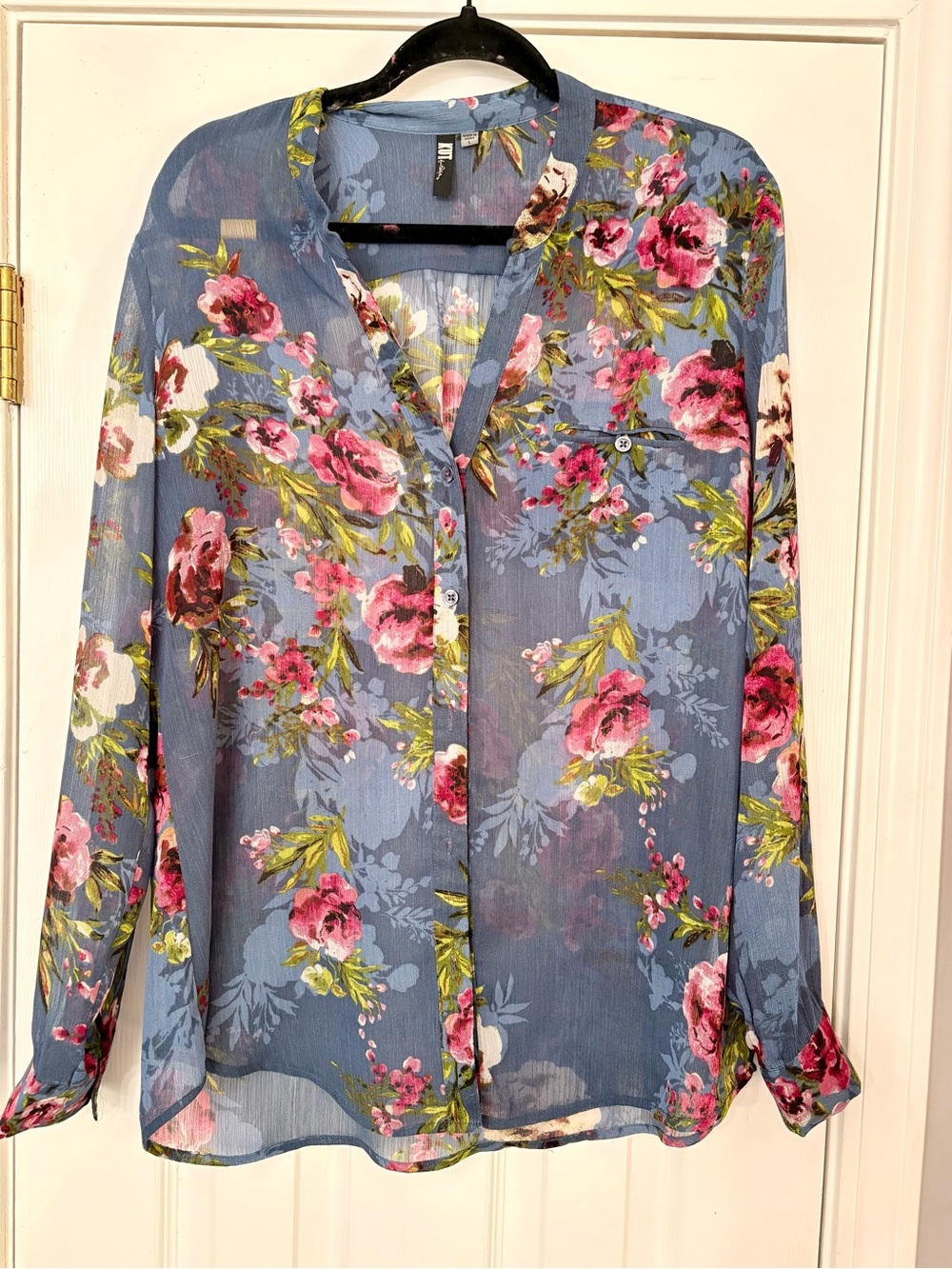 Kut from the Kloth Blue Floral Sheer Button-Down with Pink Blossoms